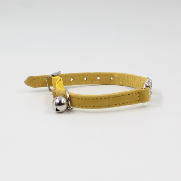 Yellow Suede and Rhinestone Adjustable Dog Collar with a Bell - Picture 2 of 3